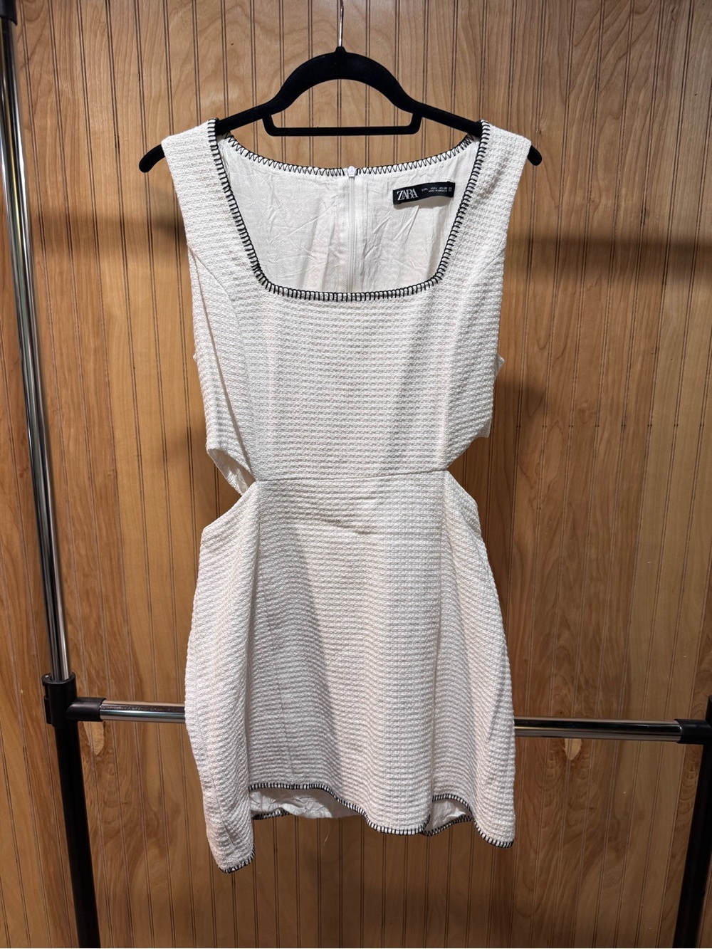 Zara Cream Textured Square-Neck Mini Dress with Contrast Trim